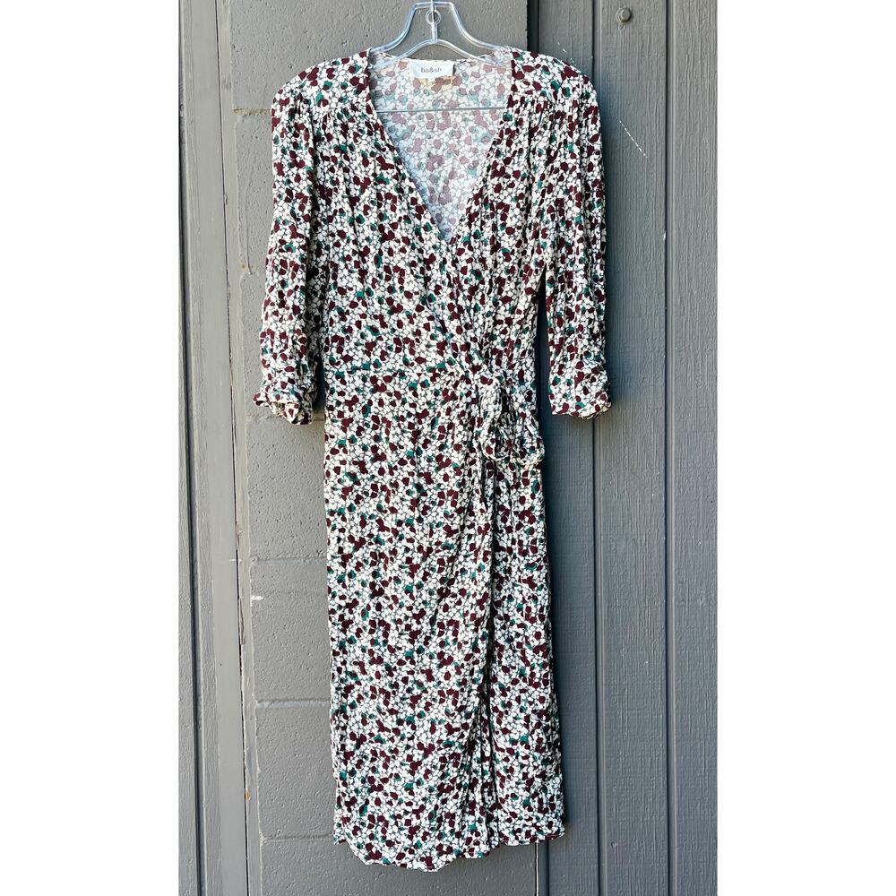 BA&SH Elen Floral Wrap Midi Dress Burgundy Ivory Teal 3/4 Sleeve French Chic